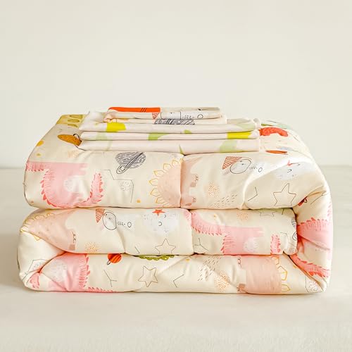 Image of Tailor Shop 4 Pieces Toddler Bedding Dinosaur Toddler Dinosaur Comforter for Boys Bed in A Bag Includes Quilted Comforter Fitted Sheet Top Sheet and Pillow Case