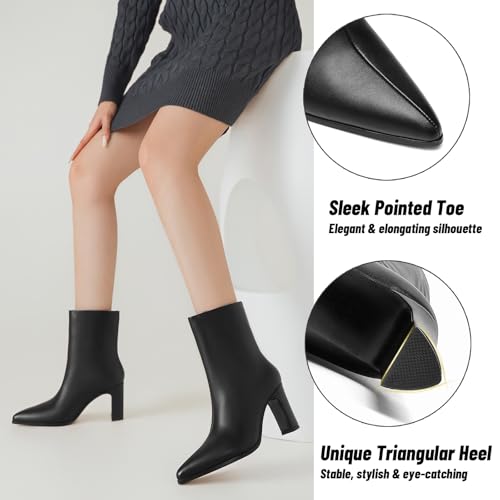 Women’s Pointed Toe Ankle Boots, Triangle Block Heel Booties, Pull-On Smooth Faux Leather Dress Boots, Fashion Fall boots for Women2
