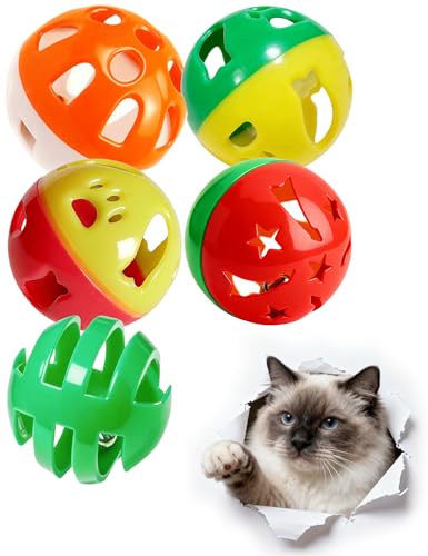 HEUHAI 5 Pack Cat Toy Balls with Bell PP Material Hollow Interactive Toys for Indoor Kittens Chasing Chewing Playing (1.5'')