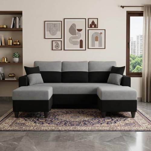 Image of Cavo 5 Seater L Shape Sofa Set with 2 Movable Ottomans | Flexible Layout | Luxury Velvet Suede Fabric | Modern Living Room Sofa | Black-Light Grey