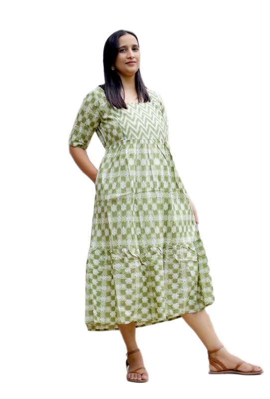 Light Olive Print Cotton Nursing Dress-image-19