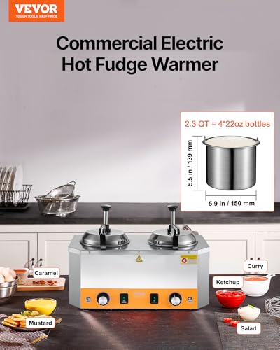 Image of VEVOR Electric Cheese Dispenser with Pumps, 2.4x2 L Commercial Hot Fudge Warmer, Stainless Steel Heated Double Pumps Dispenser, 86-230℉ Temp Adjustable Nacho Cheese Warmer for Fudge Cheese Caramel