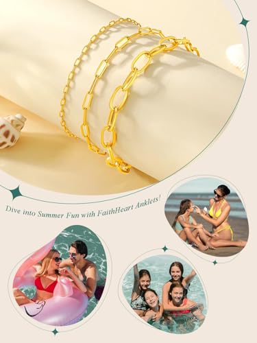 Image of FaithHeart Waterproof Ankle Bracelets for Women, 1 /2 /3Pcs Non Tarnish Stainless Steel Layered Anklet Set Paperclip Figaro Cuban Link Chain Dainty Summer Beach Jewelry Gift Adjustable Size