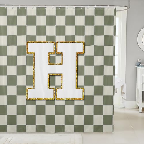Image of Erosebridal Sage Green Checkered Bathroom Curtain Plaid Initial H Shower Curtain 72 inch Wx72 L Personalized Monogram Bathroom Accessories for Kids Adults,Fashion Grids Gingham Shower Decor