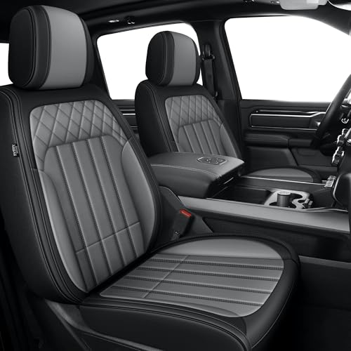 Image of AOMSAZTO for 2026 Dodge Ram 1500 Seat Covers 2500 3500 2002-2026 Full Set | Truck Seat Covers Waterproof Leather Quad Crew Cab Big Horn Laramie Tradesman Limited Curved Bench(5 Seat,Black&Grey)