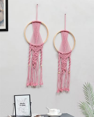 Image of Homesake Macrame Dream Catchers for Bedroom Adult Dream Catcher Wall Decor Large Boho Wall Hanging Wood Beads Tassels Home Decoration Ornament Craft Gift, Pink Set of 2