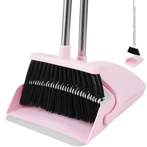 BSKLIN Broom and Dustpan Set House Brooms for Sweeping Indoor Collapsible Broom and Dust Pan Combo for Home Office Kitchen Lobby Floor Pet Hair (Pink)