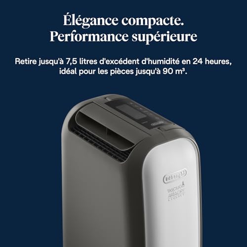 De’Longhi Tasciugo AriaDry Light - Déshumidificateur Portable pour la Maison, Zéolite et Ioniseur, Élimination Humidité 7,5L/24h, Séchage, Anti-Moisissure, Mode Swing, Minuteur, Gris (DNS80)