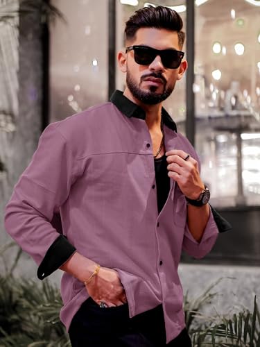 Image of Maniac Mens Solid Collared Neck Full Sleeve Biscuit and Black Cotton Shirt
