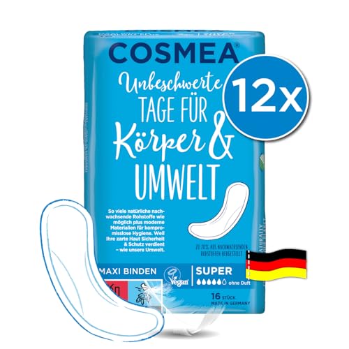 Cosmea Maxi Binden Super – 192 Stück (12x16 Stück), duftfreie, saugstarke Damenhygiene-Einlagen im Großpack, hautfreundlich & vegan, ohne Parfüm, ideal für starke Periode