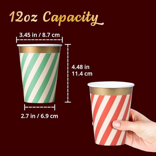 Image of Confettiville Disposable Paper Coffee Cups, Bulk 50-Pack, Christmas Party Supplies Treat Cups, 12 oz Hot and Cold Cups for Restaurants and Parties, Red and Green Diagonal Stripes, Gold Foil
