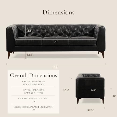 Image of POLY & BARK Essex 89 inch Full-Grain Italian Leather Sofa - Tufted Back, Feather-Down Comfort, Solid Wood Frame, Onyx Black
