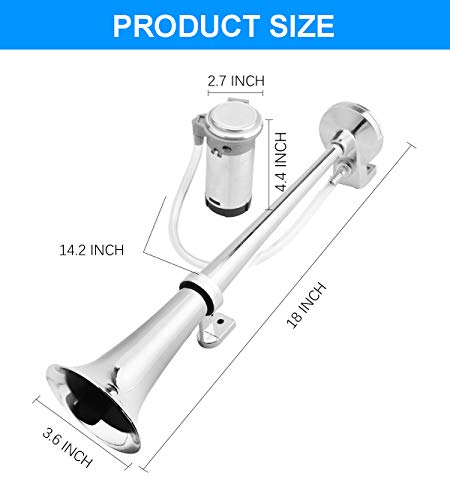 12V 150db Train Air Horn Super Loud 18 Inches Chrome Zinc Single Trumpet Truck Air Horn Kit with Compressor for Any 12V Vehicles Trucks Lorrys Trains Boats Cars
