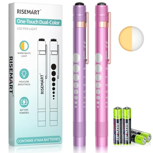 RISEMART Pupillenleuchte Diagnostikleuchte, 2 Stück Rettungsdienst Zubehör mit Warmes/Weiß Licht,Pupillenmessgerät und Lineal für Krankenschwester Studentische (Lila + Rosa)