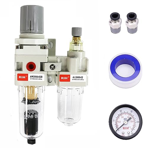 RIH Pneumatics Compressed Air Filter Regulator Lubricator Combo Water/Oil Trap Separator - Gauge(0-150 psi), Semi-Auto Drain, Poly Bowl,Bracket - 3 in 1 Two Unit (1/4“ NPT Auto Drain)