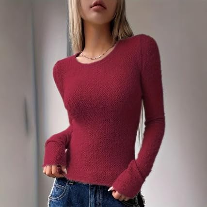 Womens Fuzzy Knit Tops Crewneck Fashion Casual Long Sleeve Slim T-Shirts Fall Basic Cozy Top Red Medium