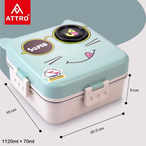 Image of ATTRO Carnival Super Cat Lunch Box 2 Layer Stainless Steel Lunch Box Comes with 1 Detachable Tray, 1 Small Container & 1 Spoon Ideal for Kids BPA Free 1120ml+70ml- Blue