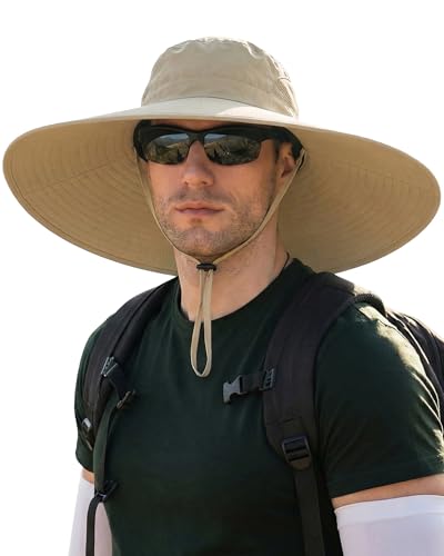 Mens Sun Hat Super Wide Brim Waterproof Breathable Bucket Hats for Men Fishing, Hiking, Camping Sun Hats for Men Khaki