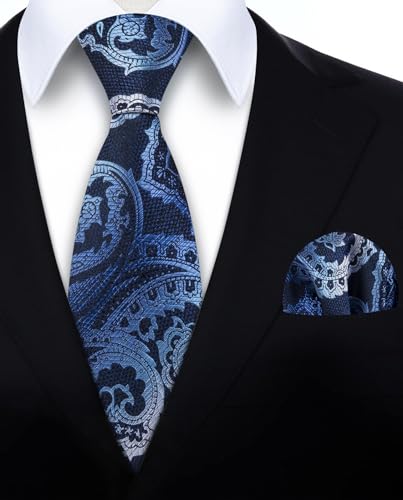 Image of HISDERN Extra Long Ties for Men Classic Floral Tie and Pocket Square Elegant Silk Necktie Handkerchief Set Wedding Party
