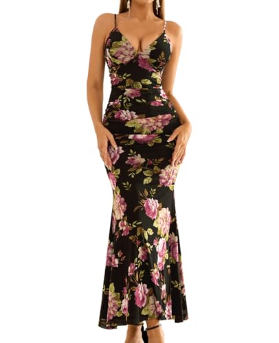 Amazon.com: GLNEGE Women's Floral Wedding Guest Formal Maxi Dress Bodycon  Spaghetti Strap V Neck Elegant Cocatail Dresses Black : Clothing, Shoes &  Jewelry