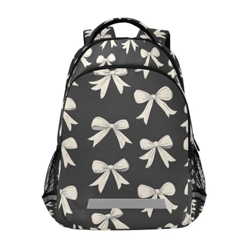 A Pattern Of Small White Bows on Dark Grey Fabric Desi Backpacks for Kids School Bag Student Backpack Bookbag For Boys Girls Casual Bag