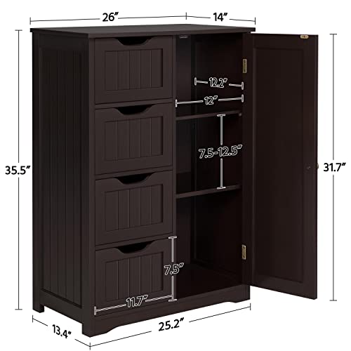 image for Yaheetech Large Bathroom Floor Cabinet with 4 Drawers and Single Door 