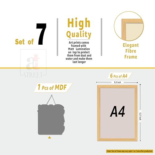 Image of PAINTINGMANTRA Boho Abstract Framed Wall Art Set of 7 (1 MDF wall Hanging), Modern Neutral Aesthetic Prints with Minimal Line Art, Framed Painting Wall Decor for Living Room, Bedroom, Home, 9x13 Inch