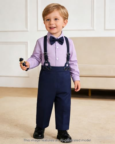 Image of SANGTREE Baby Suits for Boys Gentleman Wedding Outfits Long Sleeve Dress Shirt Suspender Pants Bowtie Boy Clothes Set, 1-6T