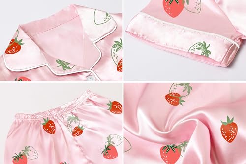 Image of Umeyda Women & Girls Pajamas Set, 2 Piece PJS Satin Silk Sleepwear Button-Down Top with Shorts for Mom Kids Gifts
