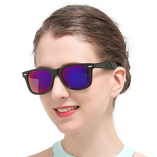 Mens Polarized Sunglasses Square Retro Driving Sun Glasses for Women Shades Ultra Light with Case UV 400 Protection, 54MM ( Black / Purple )
