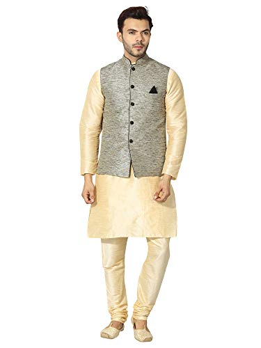 Image of Uri and MacKenzie Men's Silk Blend Regular Kurta Churidar Pyjama with Bundi Nehru Jacket /Waistcoat