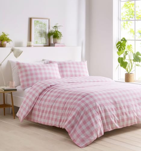 Juego de ropa de cama con diseño de vichy, funda de edredón y fundas de almohada (rosa, individual)