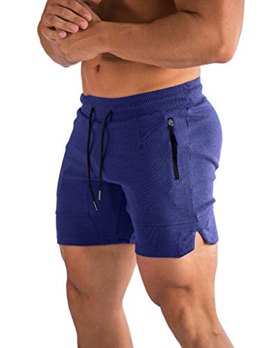 Ouber Men's Gym Workout Shorts Running Short Pants Fitted Training Bodybuilding Jogger with Zipper Pockets (Blue,XL)