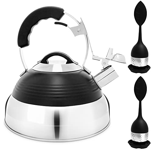 Pykal Retro Whistling Tea Kettle for Stove Top - 2.8 QT - Black Vintage Stainless Steel Tea Pot w/iCool Handle Technology - Teapot for Stovetop Induction or Gas Pykal Retro Whistling Tea Kettle for Stove Top - 2.8 QT - Black Vintage Stainless Steel Tea Pot w/iCool Handle Technology - Teapot for Stovetop Induction or Gas