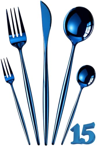 Image of Slim Handle Blue 15 Pcs Stainless Steel Cutlery Set for Dining Table, Dishwasher Safe Glossy Flatware (3 Spoon Set+3 Forks Set+3 Butter Knife+3 Dessert Spoon+ 3 Fruit Fork)