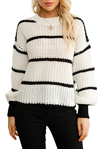 Vertvie Womens Sweater Striped Color Block Knit Sweater Crew Neck Long Sleeve Casual Loose Pullover Jumper Tops(White,M) Vertvie Womens Sweater Striped Color Block Knit Sweater Crew Neck Long Sleeve Casual Loose Pullover Jumper Tops(White,M)