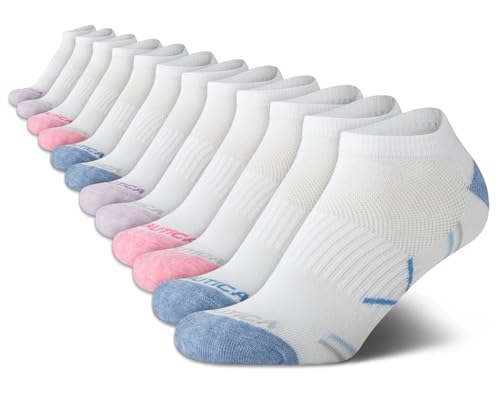 Nautica Women's Athletic Socks - Cushioned Low Cut Ankle Socks (12 Pack), Size 4-10, White Multi