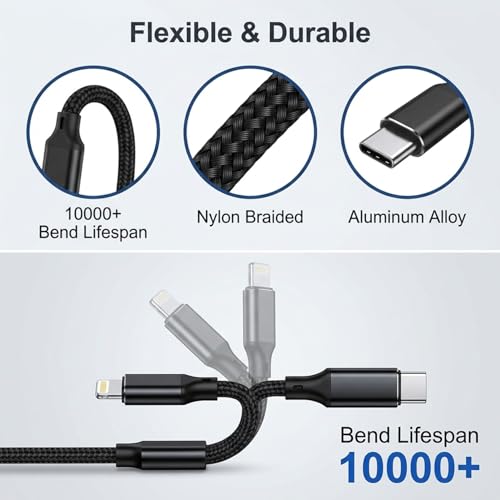 Image of Verilux 2 in 1 Type C to C & Lighting Charging Cable 1.2M, PD 100W C Type & 27W Lighting Cable with 480Mbps Data Transfer, Nylon Braided for iPhone, Galaxy, Laptops, iPad, Black