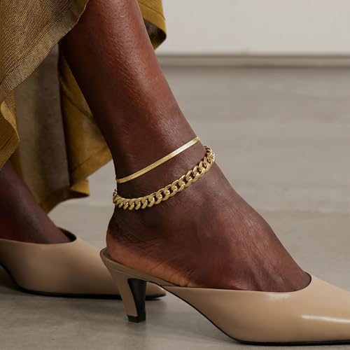 Image of KissYan Gold Ankle Bracelets for Women, 14K Gold Anklets Chunky Cuban Link Chain Summer Beach Foot Jewelry Gifts for Women