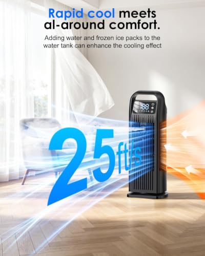 Image of Portable Air Conditioner, 4 in 1 Evaporative Air Cooler with Remote Control, 1200ML Water Tank, 120 Oscillating, 4 Speeds, 12H Timer, Mist Spray Tower Fan for Home Office, Black