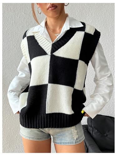 Verdusa Women's Checkered Sweater Vest Old Money Knit Tops 2025 Fall Trendy Cap Sleeve Sweater Vest3