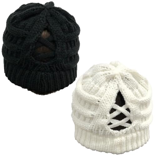 TMTGTS Weiche Brötchen WinterMütze Damen Pferdeschwanz Messy Bun Beanie Tail Knit Slouchy Hat Warme Stretch Zöpfen Loch Loop Slouch Strickmütze für Damen Mädchen Langen Haaren Zwei Stücke(1#)