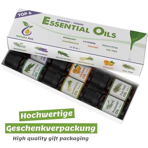 Ätherische Öle Set BIO - 100% naturrein, vegan - Duftöle für Diffuser - Aromaöle für Aromatherapie, 6 x 10ml (Rosmarin, Lavendel, Eukalyptus, Zitronengras, Orange, Teebaum) – Bild 2