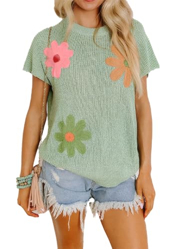 KevaMolly Womens Short Sleeve Sweaters Crochet Flower Knit Crew Neck Sweater Loose Beach Hollow Out Pullover Tops