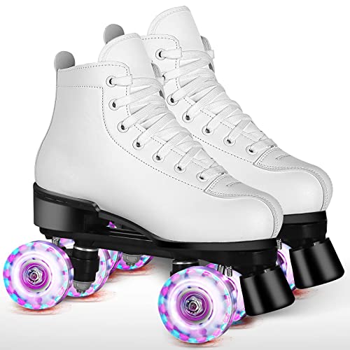 Perzcare Roller Skate Shoes for Women&Men Classic PU Leather High-top Double-Row Roller Skates for Beginner, Professional Indoor Outdoor Four-Wheel Shiny Roller Skates for Girls Unisex