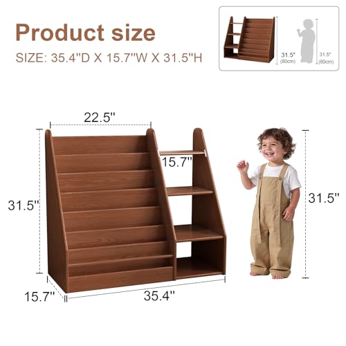 Image of Solid Wood Kids Bookshelf and Storage Organizer, 7 Layer Children Bookcase, Baby Toddler Wooden Book Shelf, Display Cabinet for Playroom, Bedroom, Classroom, Nursery, School, Walnut