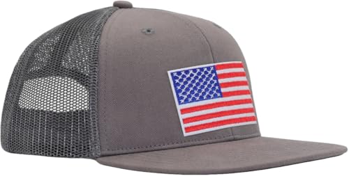 Image of Men Flat Bill USA Flag Mesh Hat Fits OSFM&XXL Head | Snapback Trucker Cap | 250th US Anniversary Veterans Memorial Day Gifts