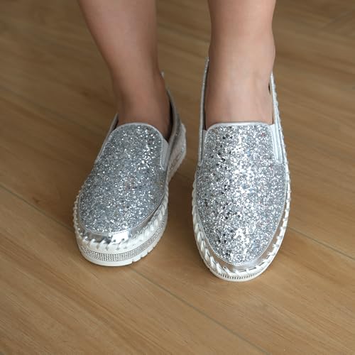 Image of Women's Platform Rhinestones Glitter Fashion Sneakers Comfortable Slip On Flat Loafers Walking Wedding Dress Shoes Casual Shoes