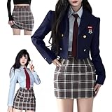 [JIURUN] 制服 ロリータ 5点セット 韓国 制服 ブレザー スカート裏地付き 透け防止 デパート品質 衣装 軍服 コスプレ ブラウス 女装 服 クリスマス ハロウィン 大きいサイズ 通勤 卒業式 フォーマル カジュアル 春 夏 薄手 透け感 超キュート(ネイビーブルー, M)
