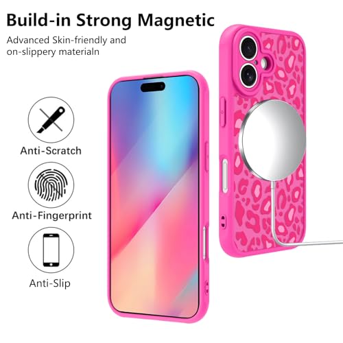 Image of KANGHAR Case for iPhone 16 Plus Hot Pink Leopard Printed Pattern | [Compatible with Magsafe] Protective Magnetic Case for Girls Women 6.7 inch